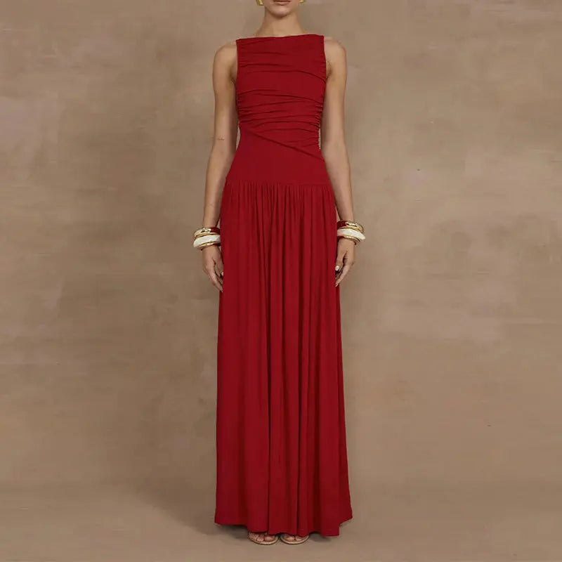 Women's Elegant Ruffled Waist Maxi Dress Boho Chic Sleeveless Long Dress for Summer Beach Holiday Vestidos De Fiesta Elegantes