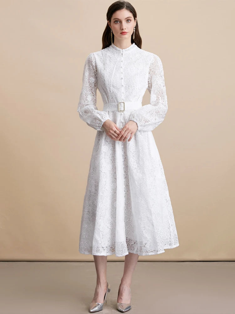 Elegant Lace embroidery Midi dress with belt Women's 2026 Spring summer Luxury Single breasted long sleeve dresses INKEO 5D271