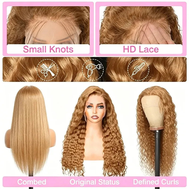 34 38Inch Honey Blonde Wig Human Hair Deep Wave 13x6 Hd Lace Frontal Wig 230 Density Preplucked #27 Colored Curly Lace Front Wig