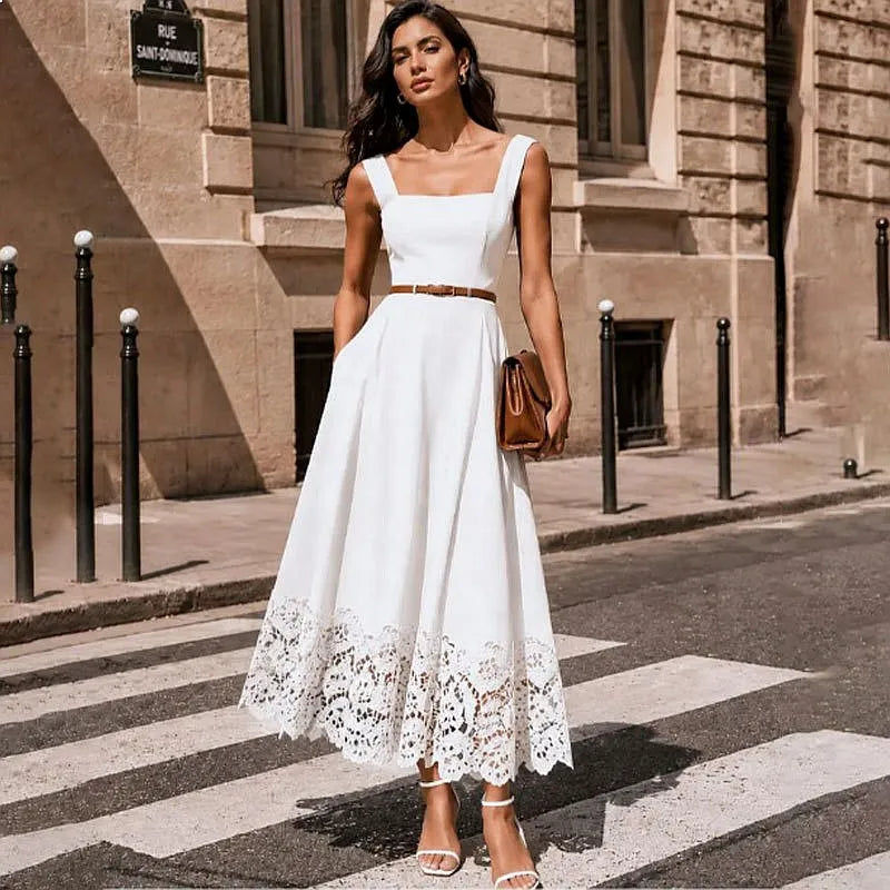 Elegant White Lace Hollow Square Neck Sleeveless A-Line Maxi Dresses, Classic Summer Flowy Long Dress for Women