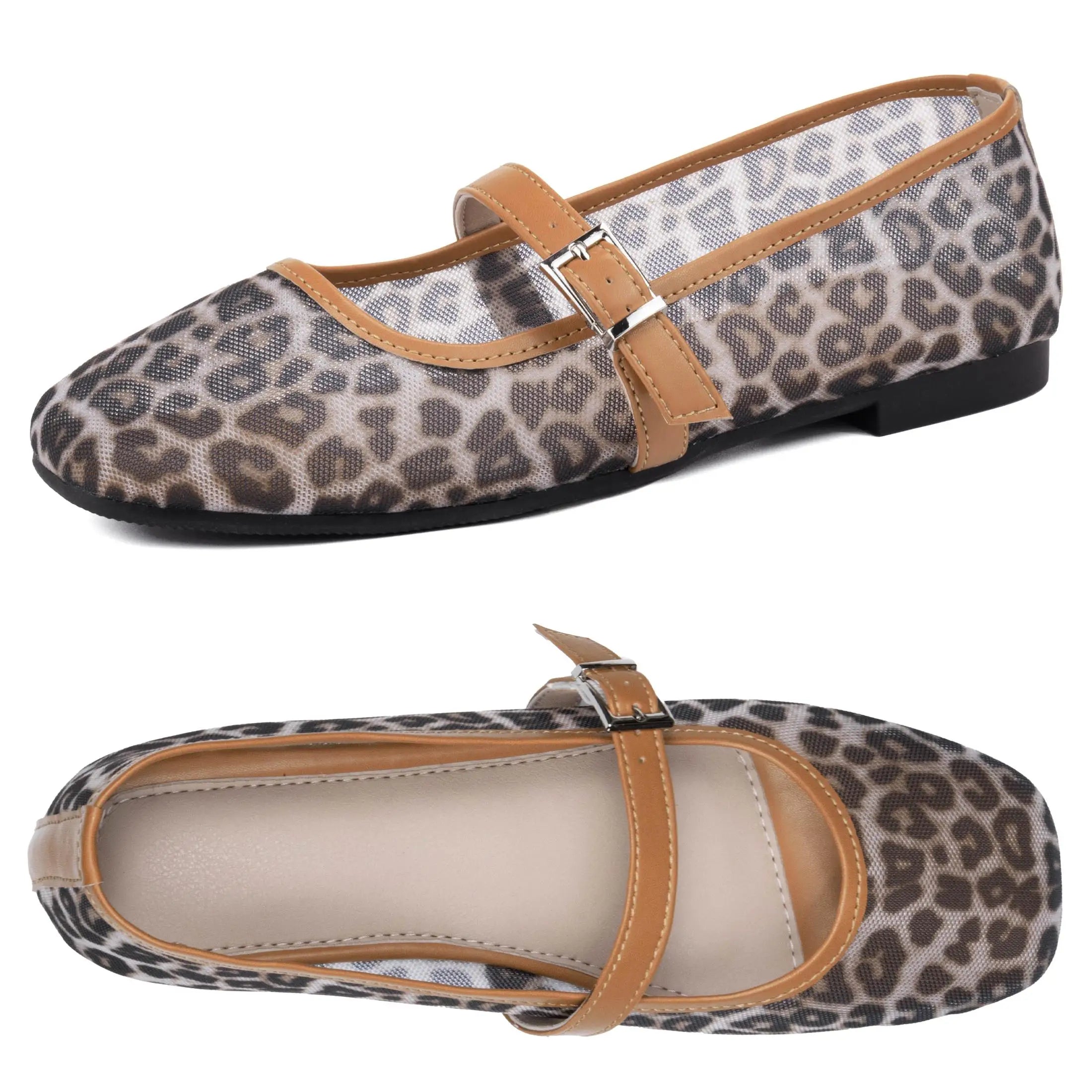 Women's Leopard Mesh Flats Square Toe Buckle Strap Breathable Summer Casual Shoes Springfresh