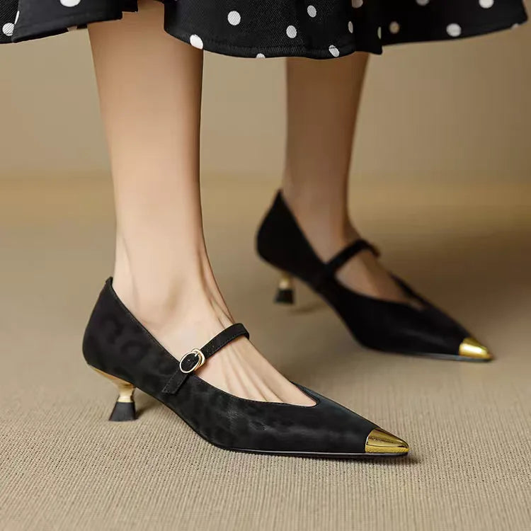 French-style Commuting Leopard Print Slimming Pointed V-cut Flats, Elegant 4.5cm Low-heel Mary Jane Shoes with A Strap