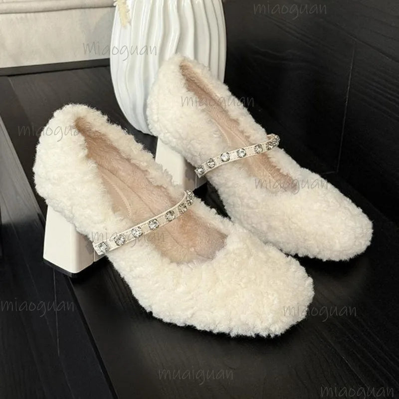 Elegant Rhinestone Strap Women's Mary Jane Shoes Beige Plush Fashion High Heel Pumps Autumn Winter Comfortable Footwear Size34