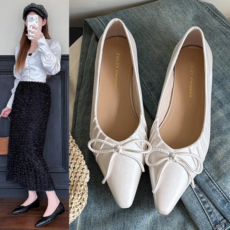 Leisure Pumps Women Basic Slip on Square Low Heels Pointed Toe Shoes Woman Solid Butterfly Knot Women Pumps Plus Size