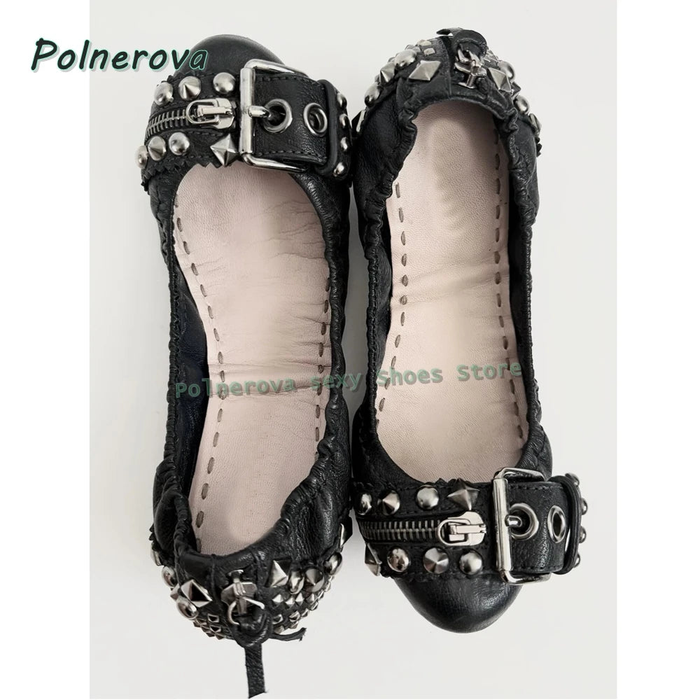 Rivet Belt Buckle Mary Jane Shoes Pointed Toe Flat with Shallow Zipper Decoration Women Fashion Pumps 2026 Spring Summer Shoes