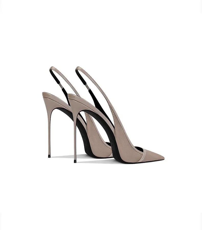 Women Khaki Suede Pointed Toe Thin Heel High Heel Sandals Premium Texture Versatile for Party Dress Elegant Fashion