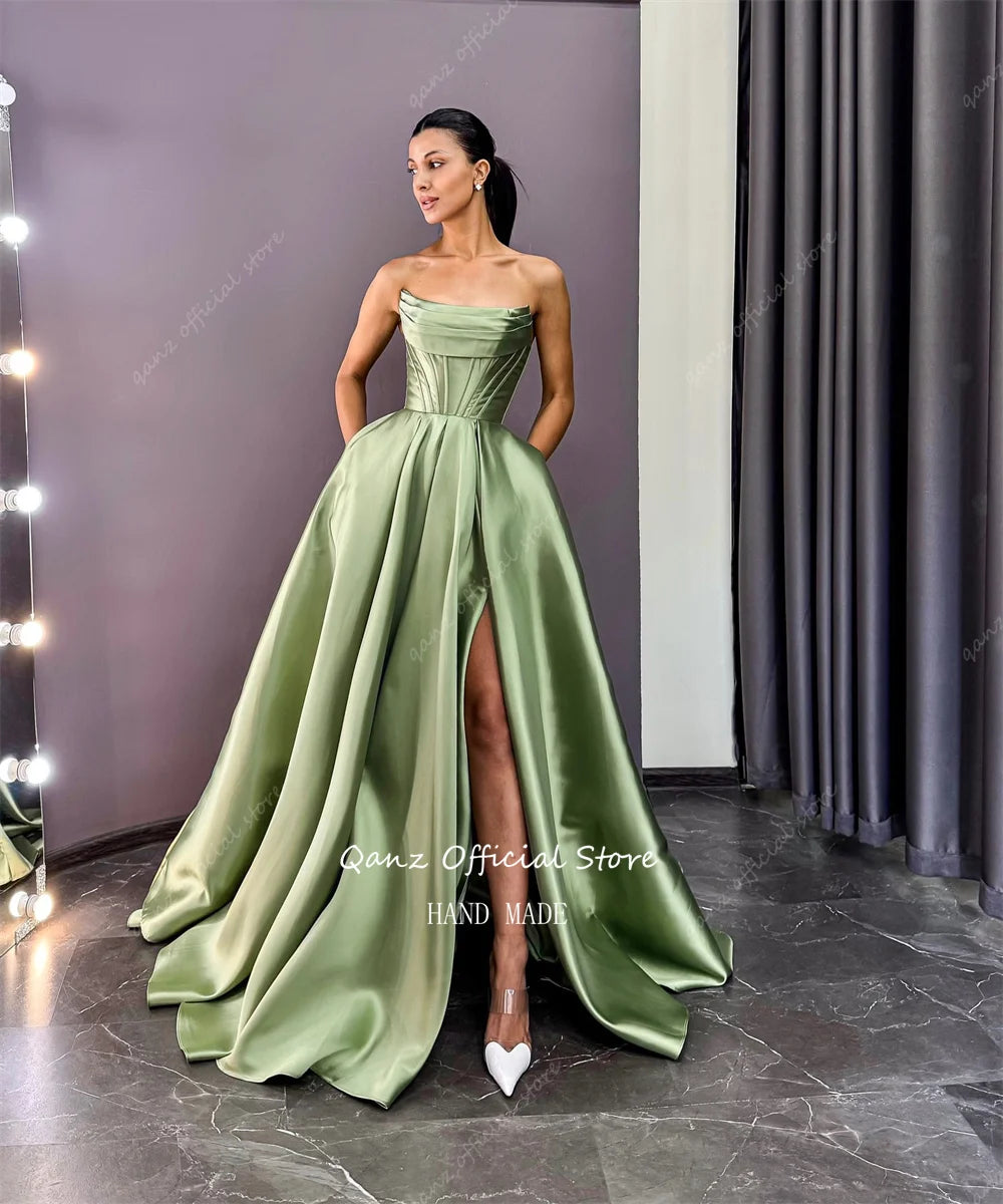 Qanz Sage Green Evening Dresses Satin High Slit Strapless Vestidos De Fiesta Elegantes with Pocket Party Prom Gown Customized