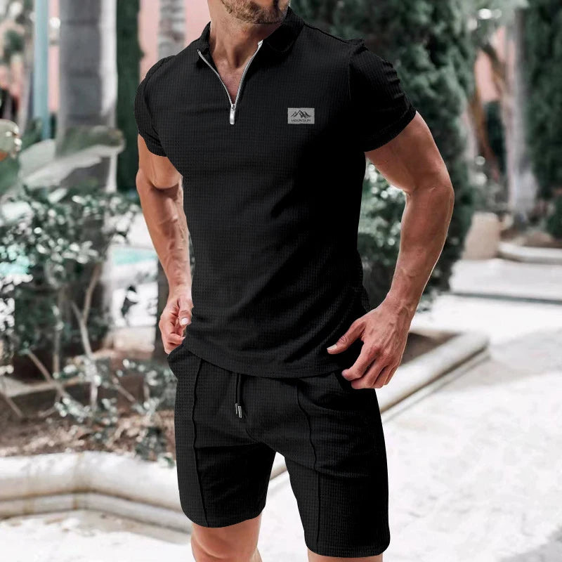 2026 New Men's European Style Suit Set - Summer Solid Color Zippered Blouse with Collar, Short Sleeves, Dress Shorts - Two-Piece