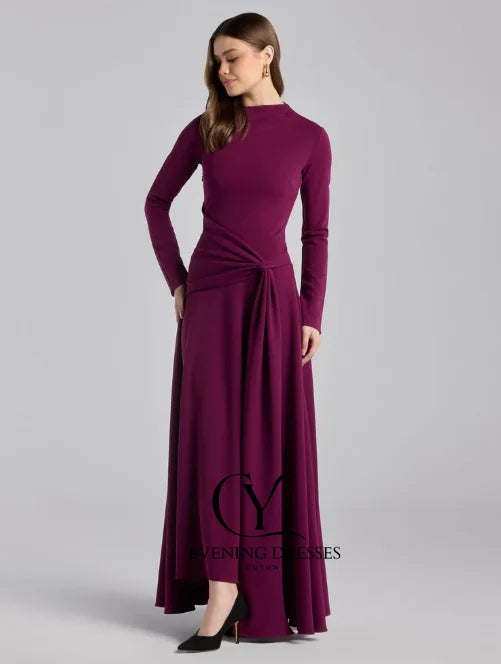 CUYUN Long Sleeves Elegant Wedding Guest Dresses Purple Crepe Draped Asymmetric Neck Maxi Dress Customized Party Gown 2026