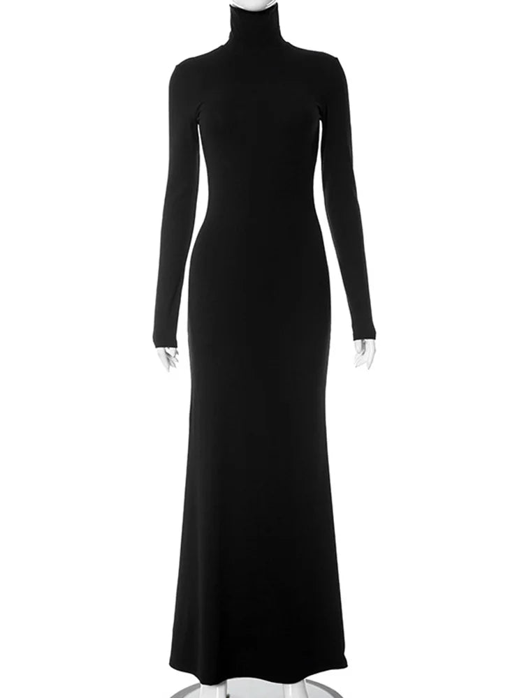 Party Dresses Women Casual Fashion Solid Streetwear Turtleneck Full Sleeves Hip Wrap Bodycon Elegant Long Vestidos Robes Female