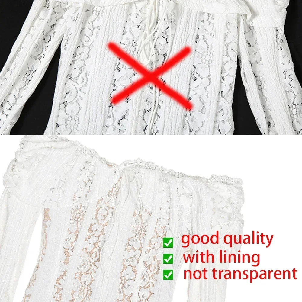 Oligai Elegant Off The Shoulder Bodycon Dress 2024 New in White Flare Sleeve Lace Maxi Dress Wedding Guest Dress for Women