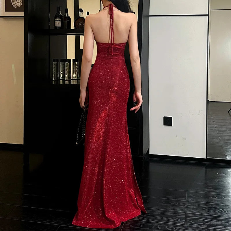 Women's V-neck Hanging Neck Shiny Sexy Long Dresses Evening Dress Vestidos De Mujer Elegantes