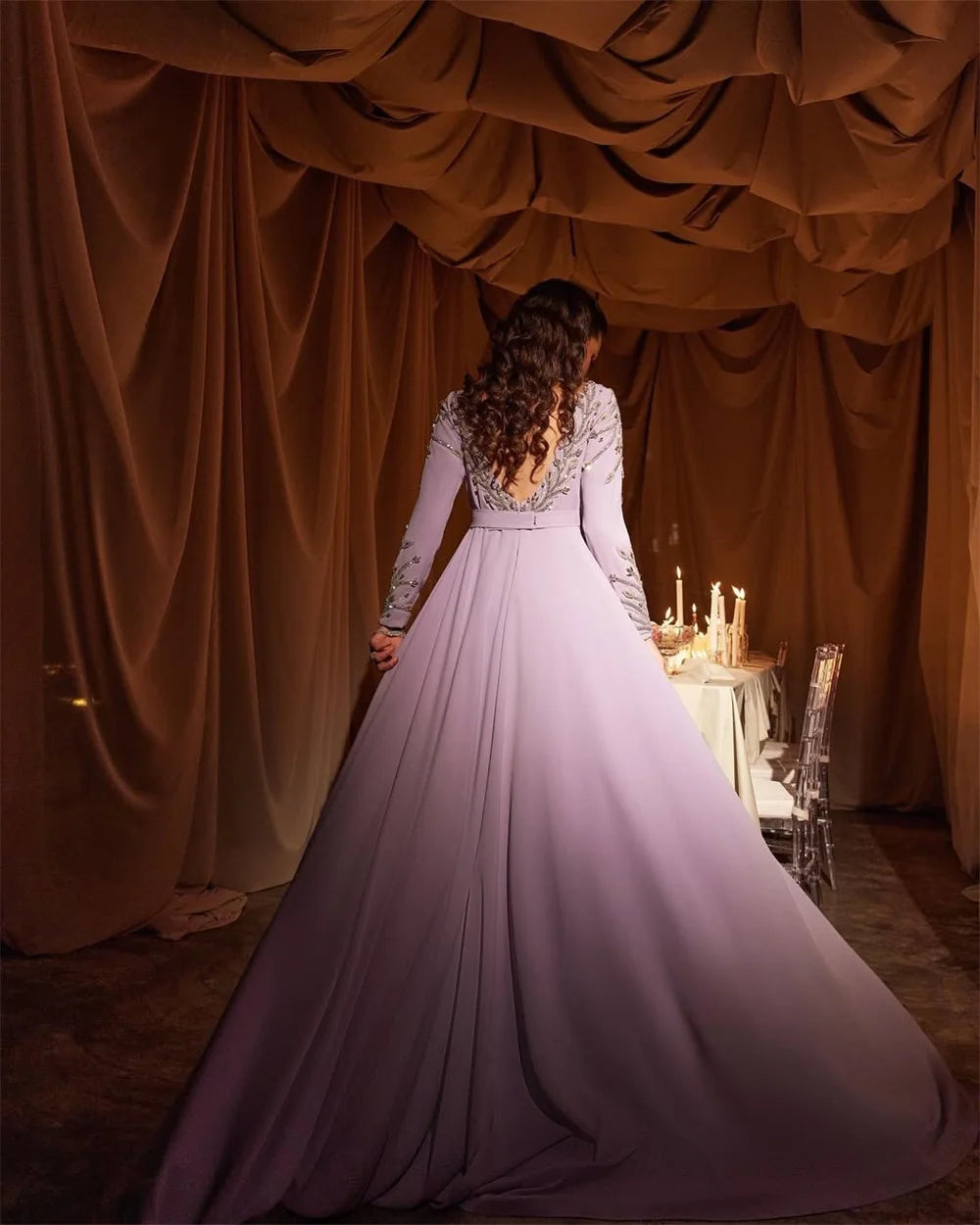 Contessa Custom evening dress prom dress elegant lilac crepe gown bateau neck long sleeve beaded sleeves train for wedding guest