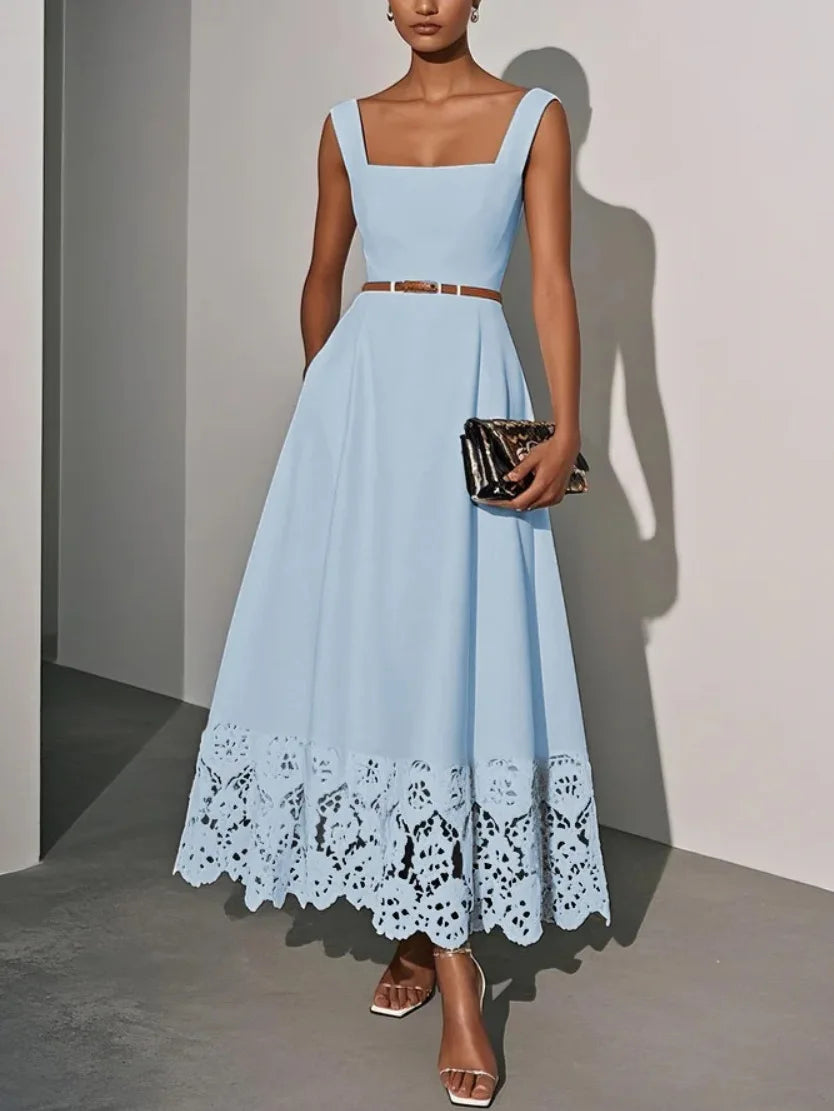 Elegant White Lace Hollow Square Neck Sleeveless A-Line Maxi Dresses, Classic Summer Flowy Long Dress for Women