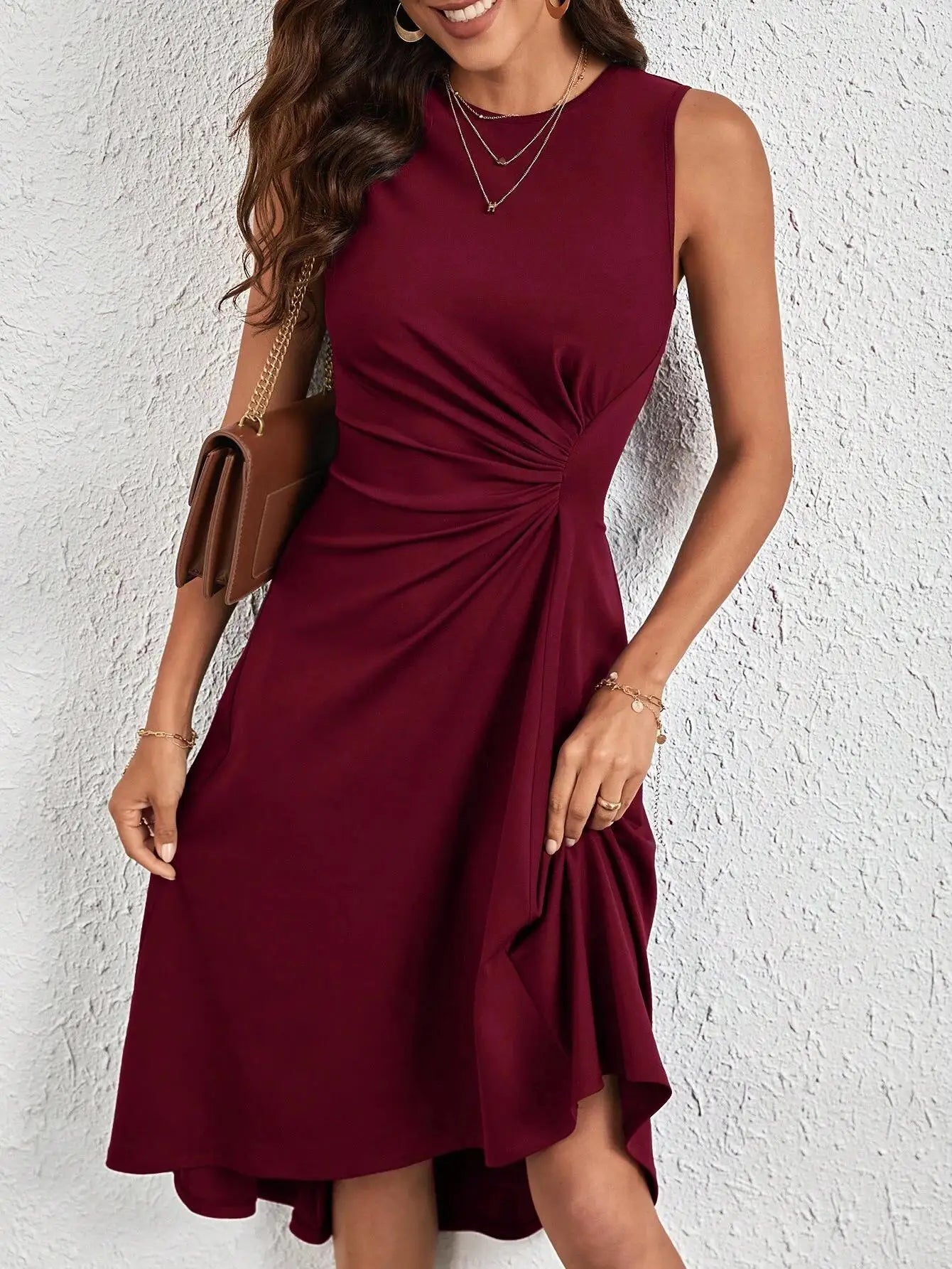 Women's Fashion Sleeveless Solid A-line Wrinkled Midi Dress Summer Female Red O-neck Party Dresses Vestidos Elegantes Para Mujer