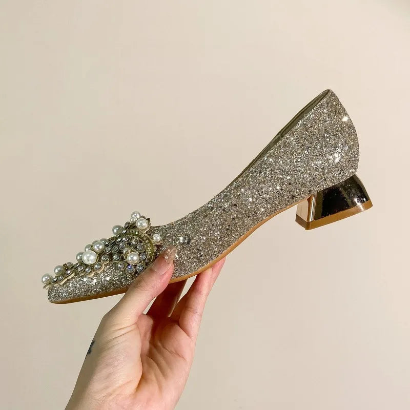 High-end Rhinestone Block Heel Single Shoes Fashion Pointed Toe Shallow Mouth Slip-on Non-Slip Low Top Shoes