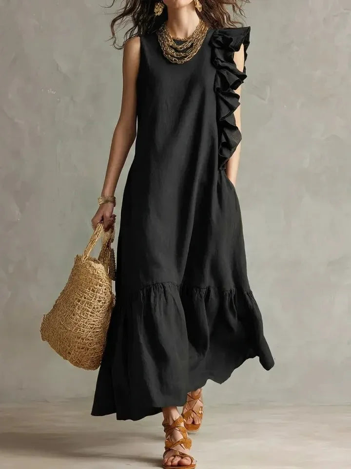 Women's Summer Irregular Ruffled Sleeveless Dress Casual Round Neck Solid Color Loose Long Dress Vestidos De Fiesta Elegantes