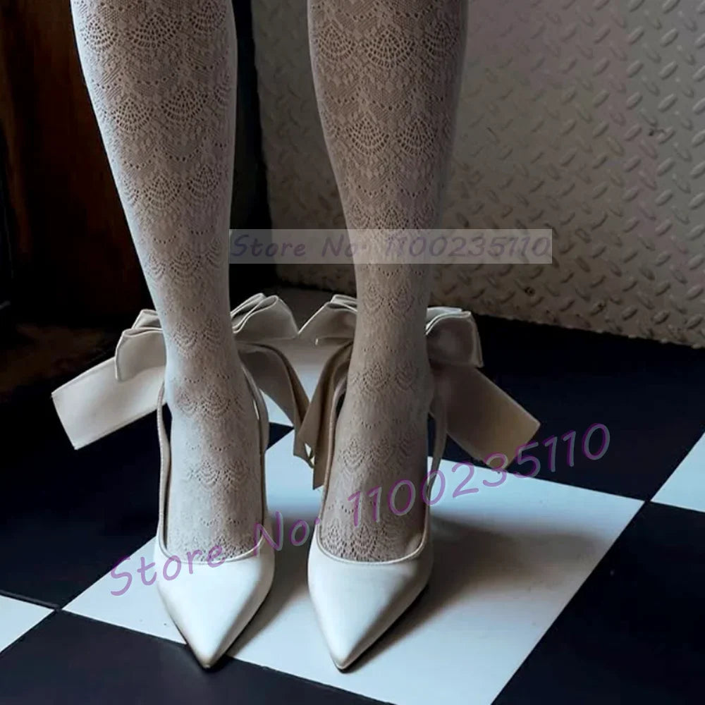 White Sleek Satin Pointed Toe Slingback Sandals Women Feminine Bow Detail Stiletto Shoes Office Lady Wedding Elegant Party Shoes