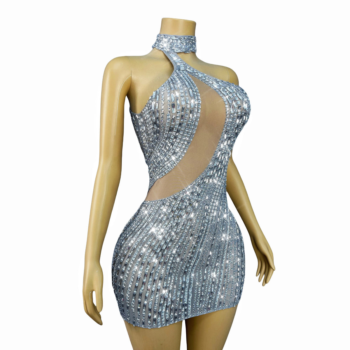Luxurious Twinkling Silver Rhinestones Elegant Trim fit Mesh Dress Women Evening Party Celebrate Gown Show Fashion Outfit Yueya