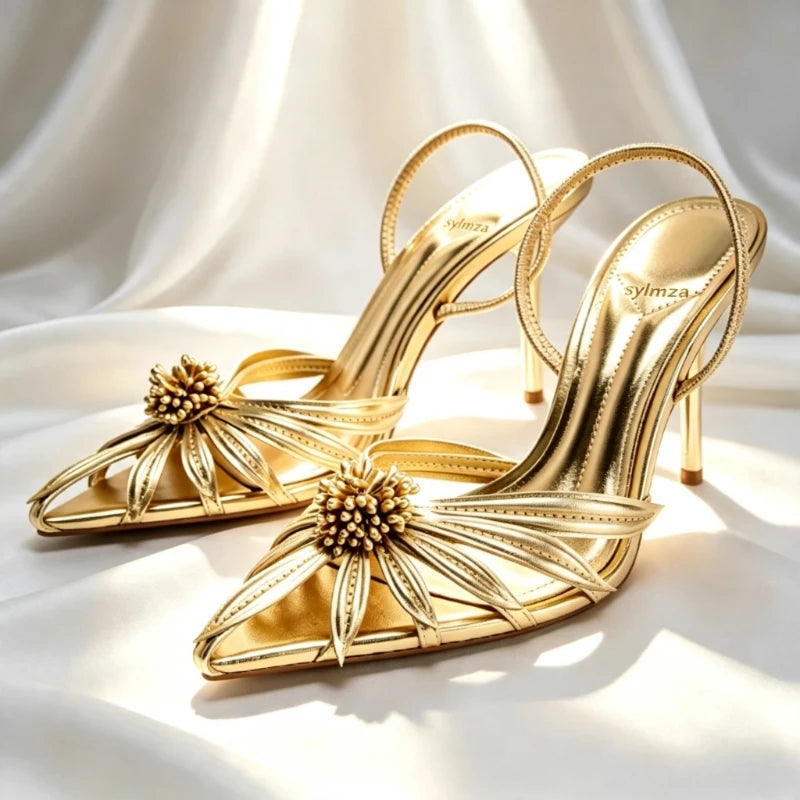 Luxury Gold Floral Detail Slingback Heels Women Unique Laminated Effect Design Pointed-Toe Heel Sandals Elegant Party Dress Shoe