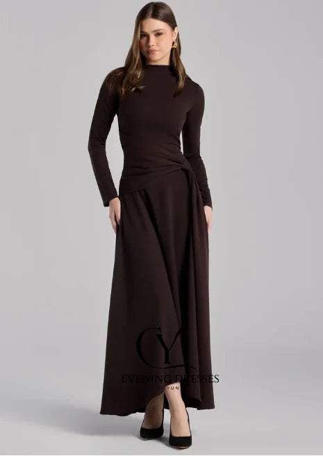 CUYUN Long Sleeves Elegant Wedding Guest Dresses Purple Crepe Draped Asymmetric Neck Maxi Dress Customized Party Gown 2026