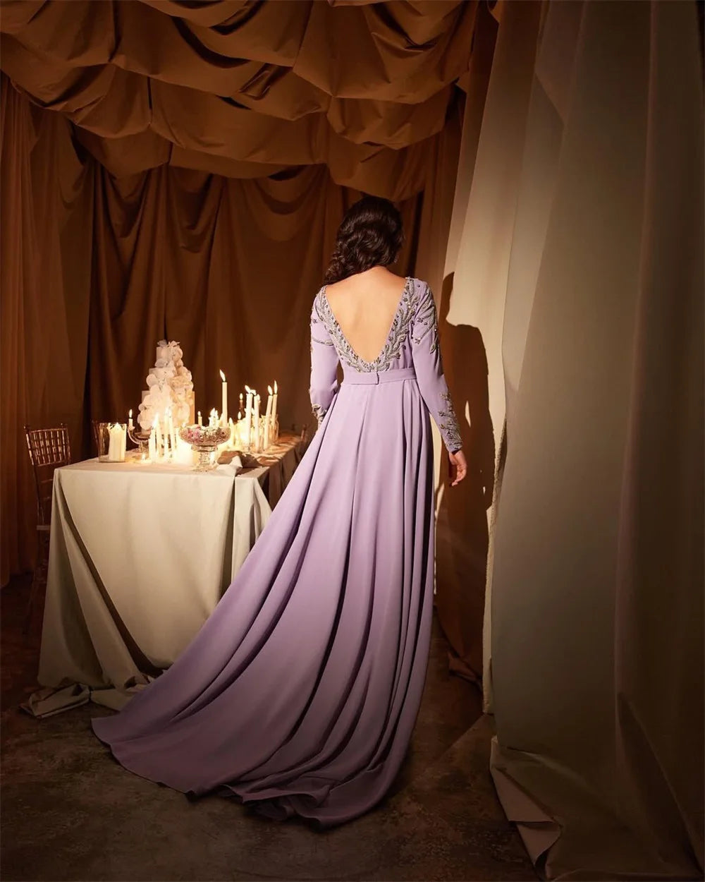 Contessa Custom evening dress prom dress elegant lilac crepe gown bateau neck long sleeve beaded sleeves train for wedding guest