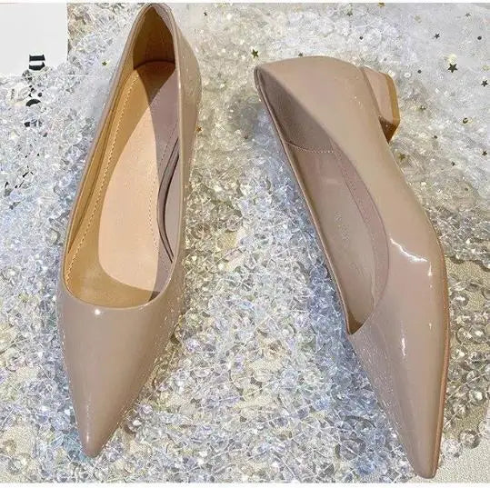 French style patent leather pointed single shoes  Pumps for women with a 3cm low heel new fashionable thick heel flat shoes