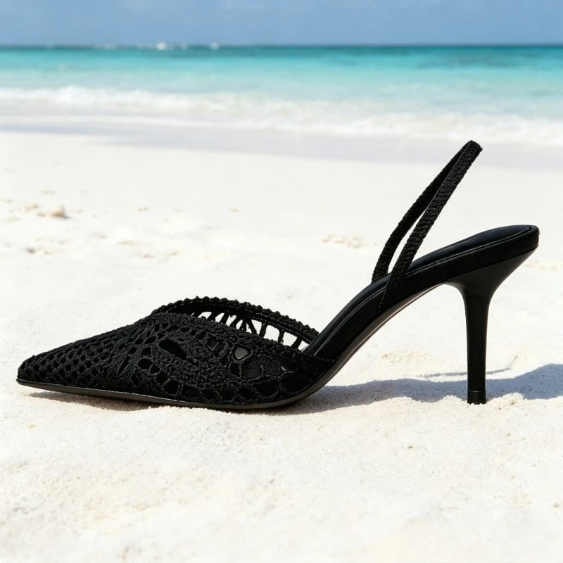 Novely Hollow Woven Design Heels for Ladies Sexy Pointed Toe Slingback Summer High-heeled Sandals Elegant Designer Dress Shoes