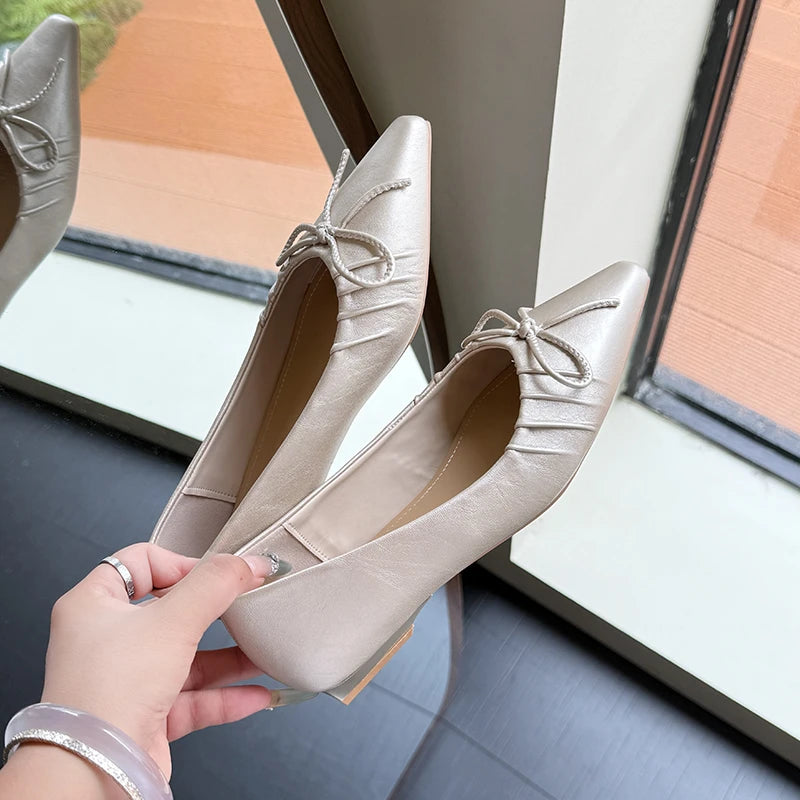 Leisure Pumps Women Basic Slip on Square Low Heels Pointed Toe Shoes Woman Solid Butterfly Knot Women Pumps Plus Size