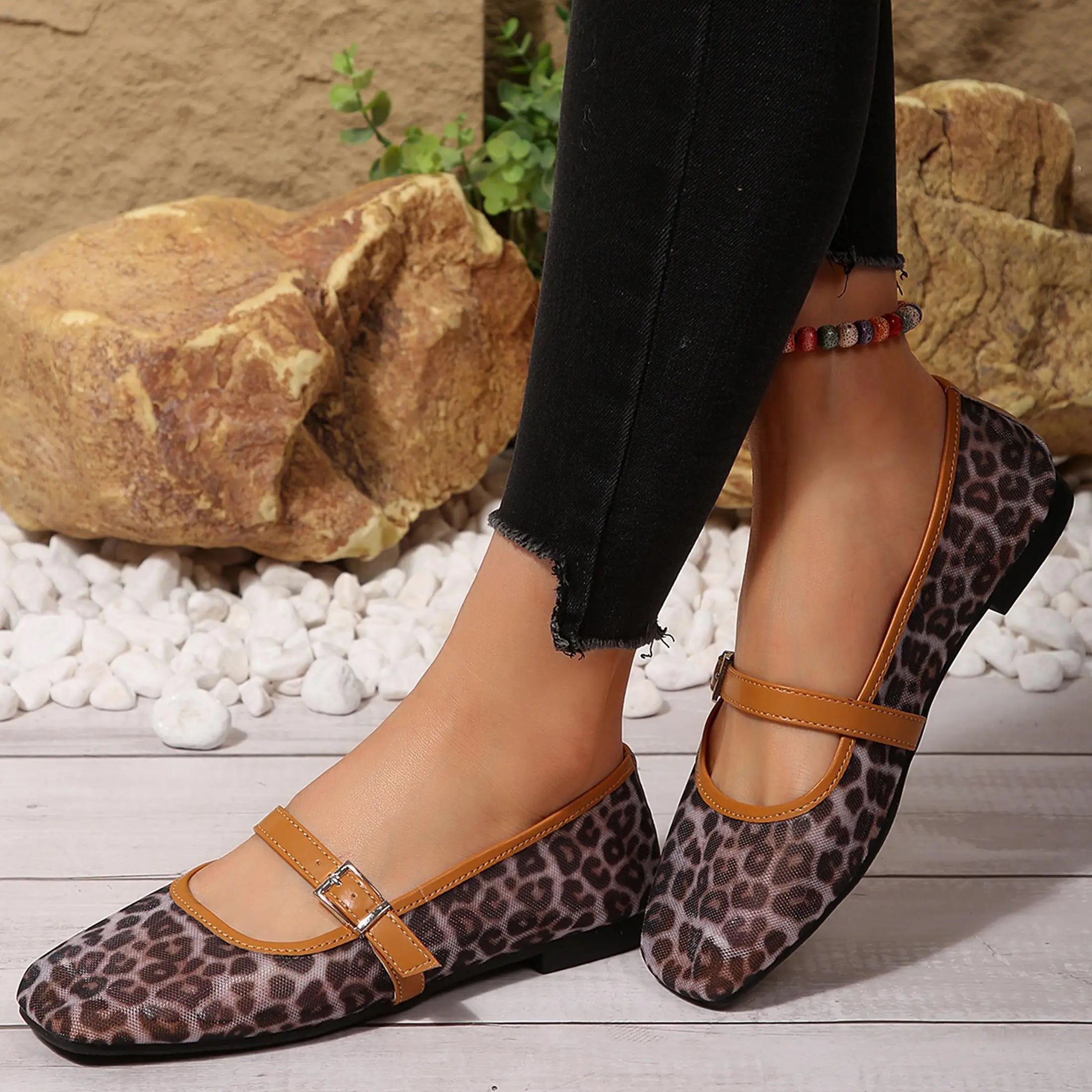 Women's Leopard Mesh Flats Square Toe Buckle Strap Breathable Summer Casual Shoes Springfresh