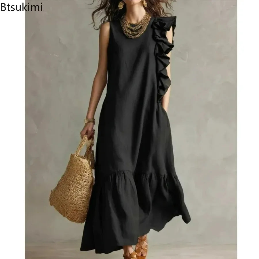 Women's Summer Irregular Ruffled Sleeveless Dress Casual Round Neck Solid Color Loose Long Dress Vestidos De Fiesta Elegantes