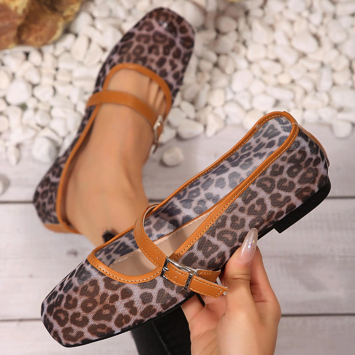 Women's Leopard Mesh Flats Square Toe Buckle Strap Breathable Summer Casual Shoes Springfresh