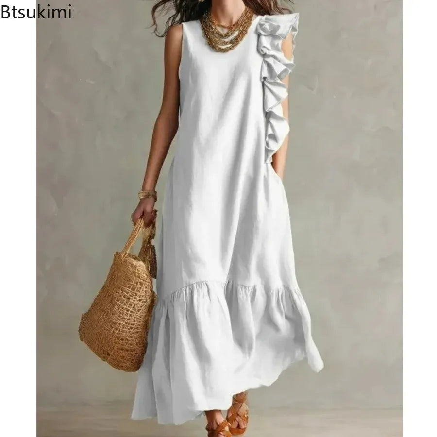 Women's Summer Irregular Ruffled Sleeveless Dress Casual Round Neck Solid Color Loose Long Dress Vestidos De Fiesta Elegantes