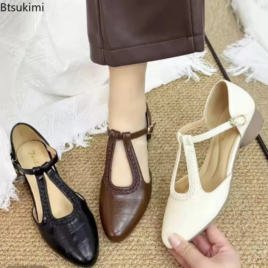 New Summer Women's Retro Hollow Out Pumps Fashion Leather Pointed Toe Chunky Heel Shoes Cover Toe/Heel Shoes Ankle Strap Sandals