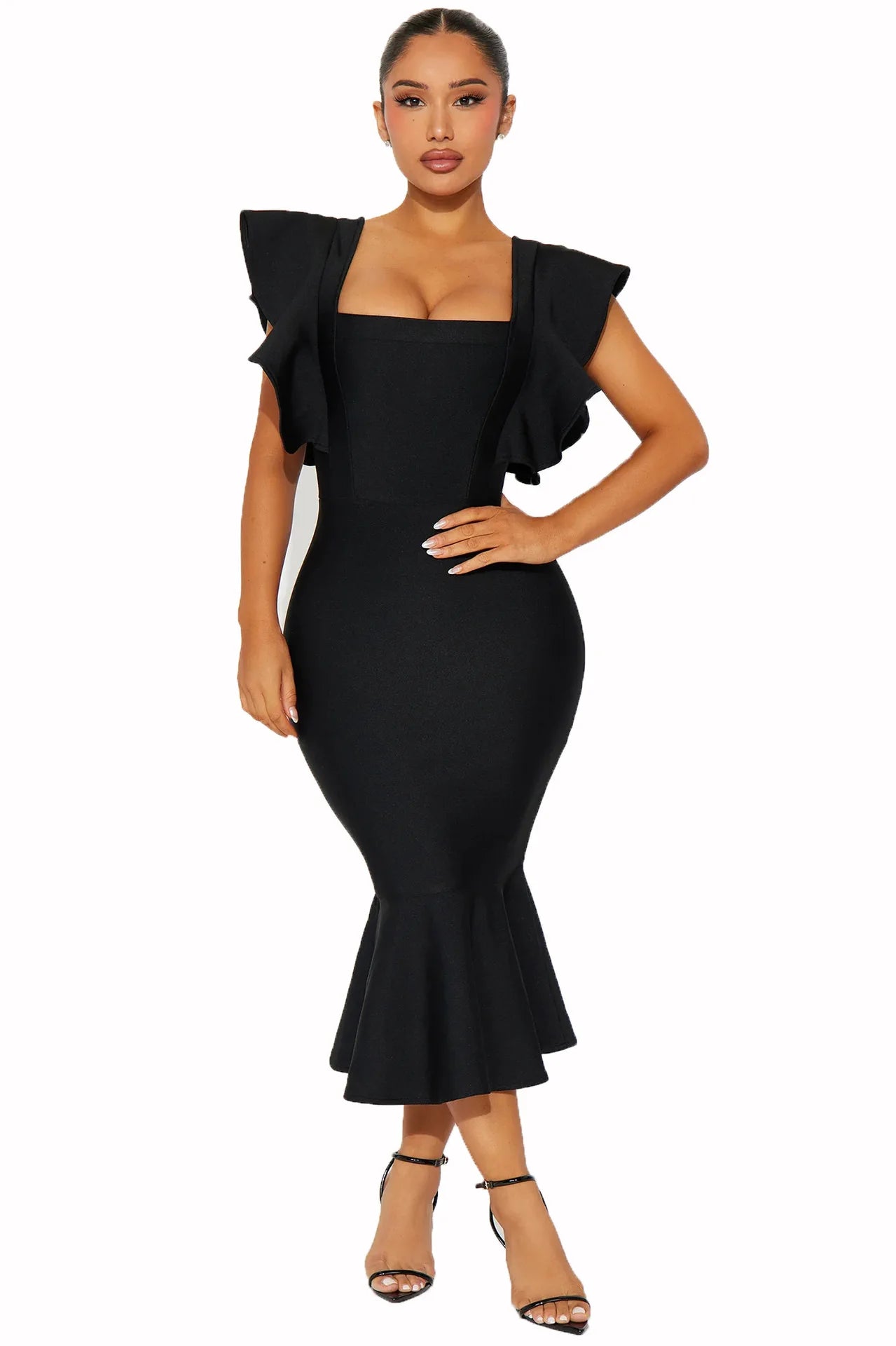 Sexy square neck flying sleeve bandage dress for women, black short sleeved pleated tight fitting dress, party evening dress