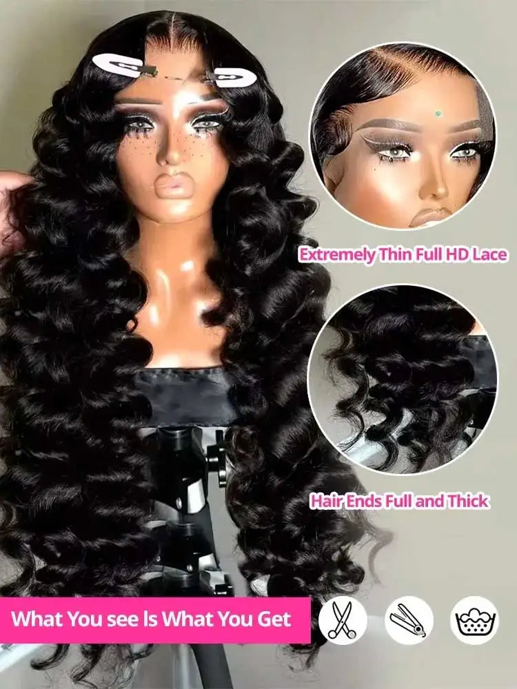 13x4 HD Loose Deep Wave Lace Front Wigs Human Hair Natural Black Pre Plucked With Baby Hair Wigs Brazilian Human Hair Bleached Knots With Baby Hair Nature Black Glueless Frontal Wigs Curly Frontal Wigs Human Hair With Baby Hair