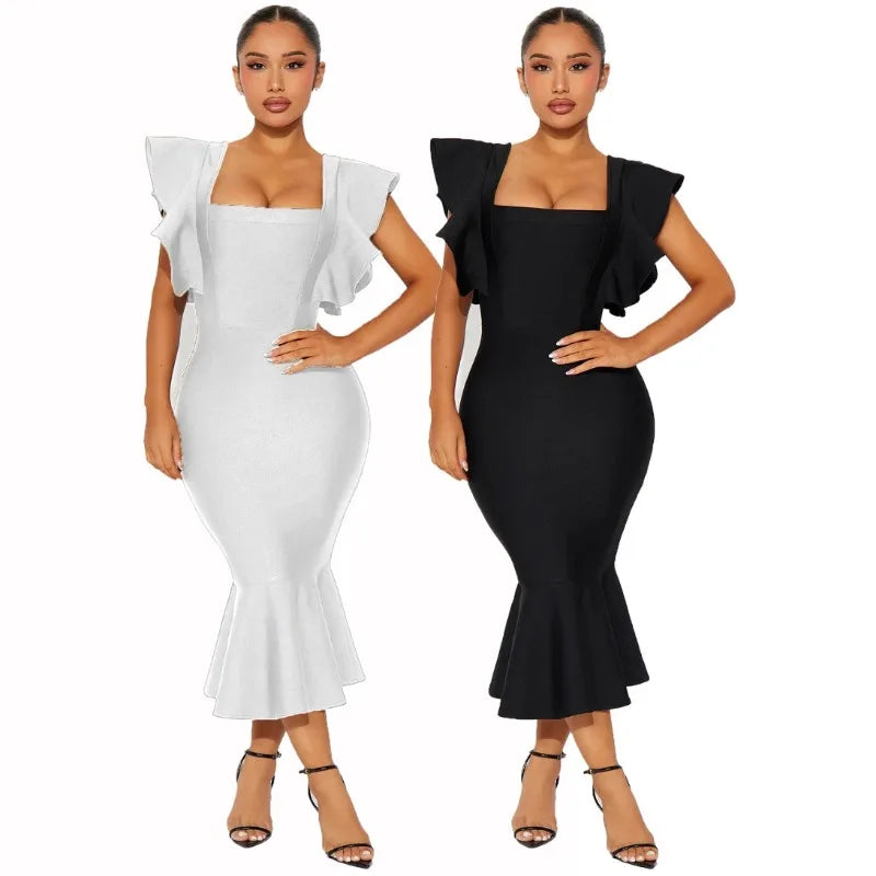 Sexy square neck flying sleeve bandage dress for women, black short sleeved pleated tight fitting dress, party evening dress