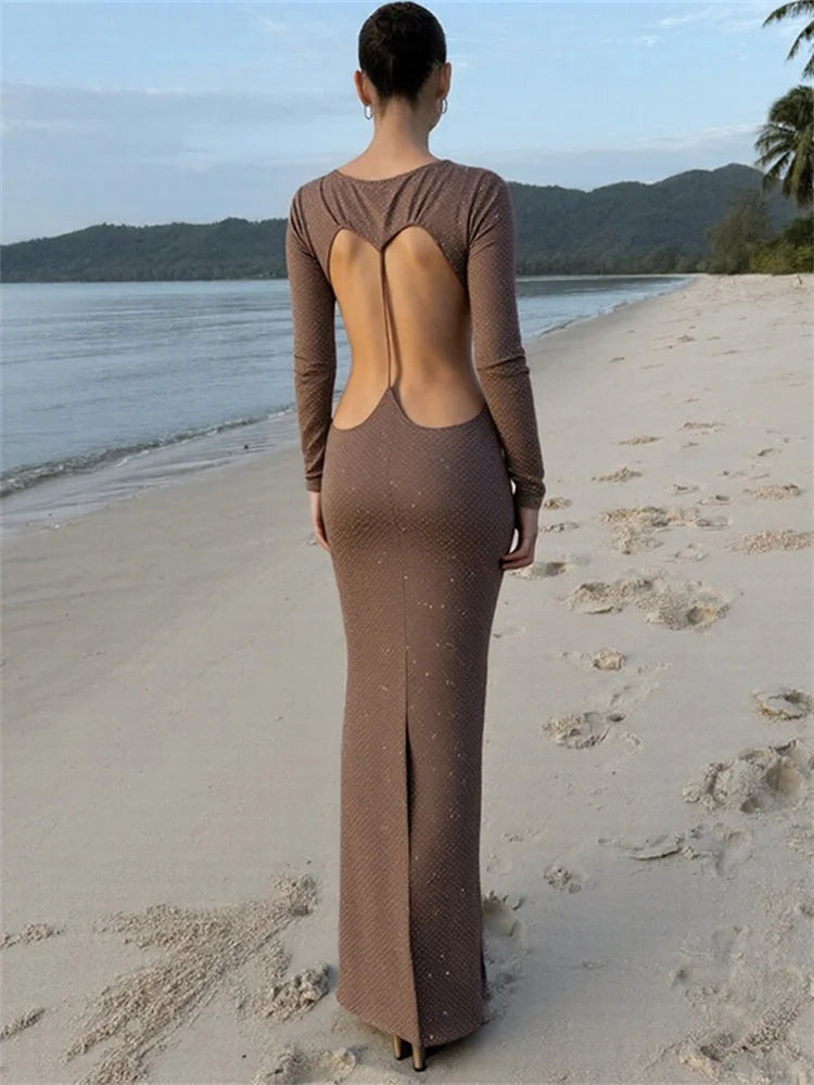 Nibber Waistless Long Dress Woman o-Neck Full Sleeve Rhinestone Decoration Backless Design Midnight Prom Party Elegant Vestidos