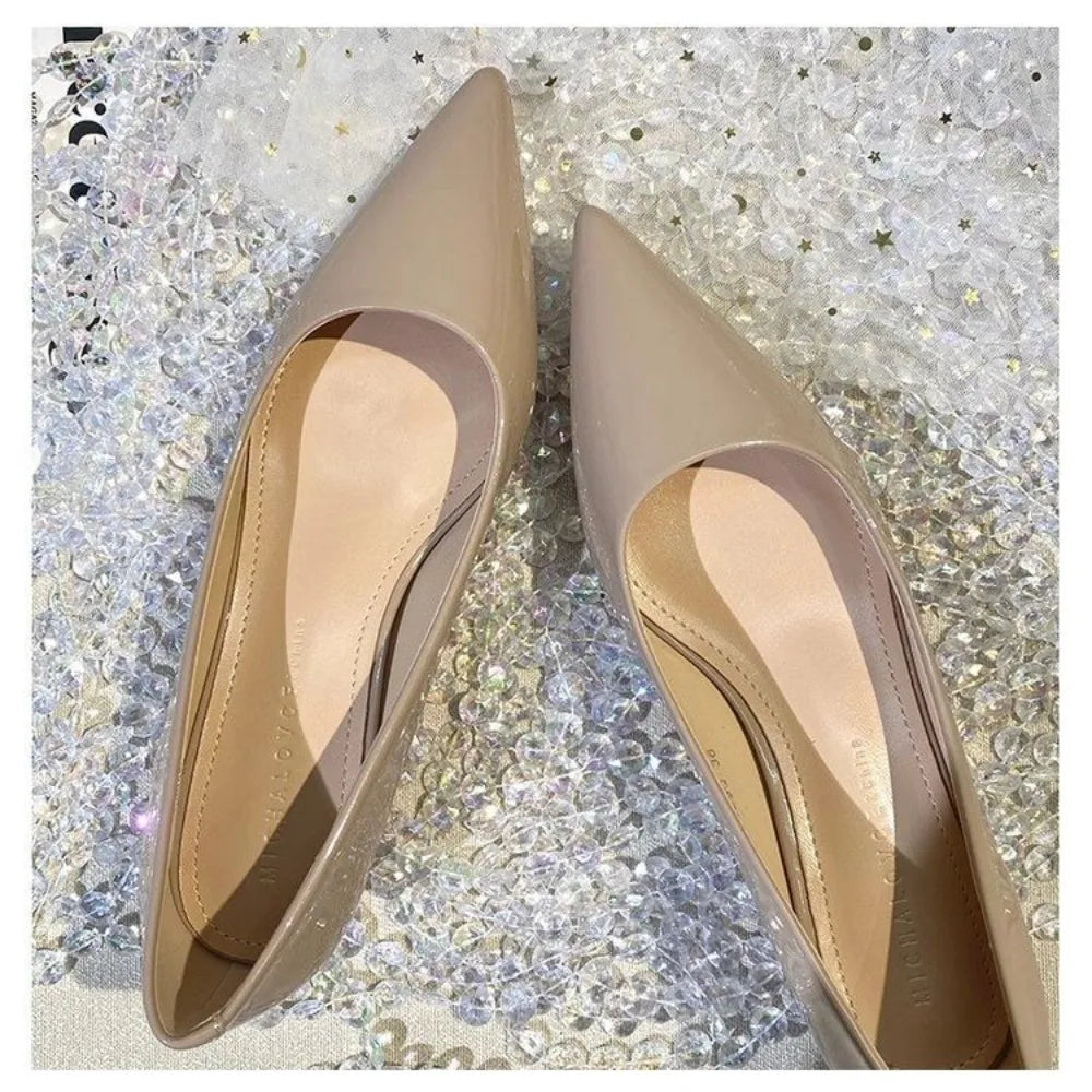 French style patent leather pointed single shoes  Pumps for women with a 3cm low heel new fashionable thick heel flat shoes