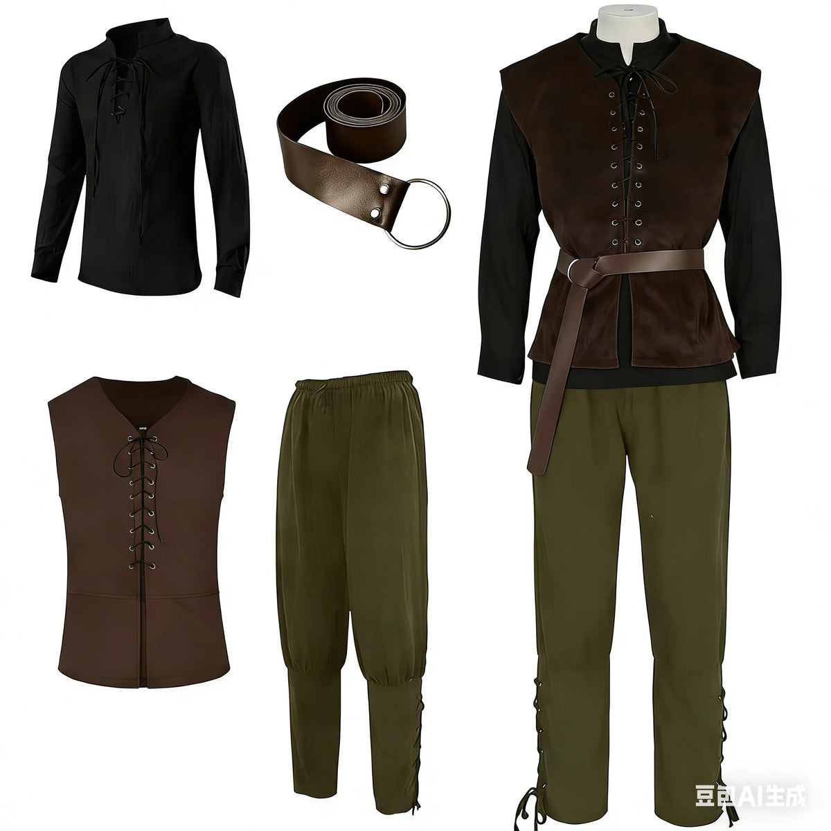 4 Pcs Men's Halloween Renaissance Costume Set Medieval Vest Shirt Ankle Banded Pants Viking Belt Armband Pouch
