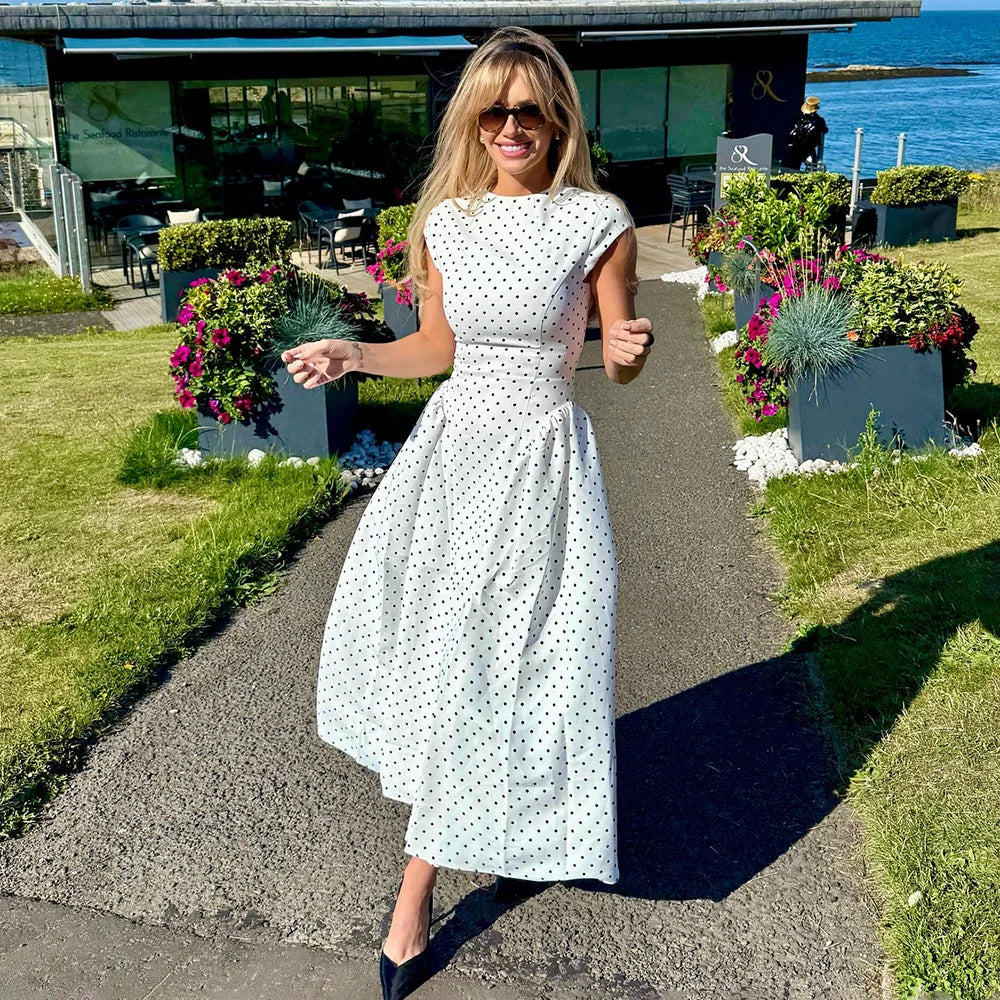 Retro Dot Print Dress Summer Women's Sleeveless Casual Round Neck Slim High Waist A-line Long Dress Vestidos De Fiesta Elegantes