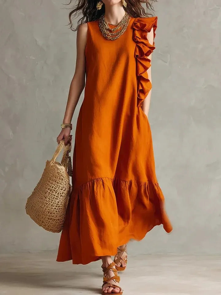 Women's Summer Irregular Ruffled Sleeveless Dress Casual Round Neck Solid Color Loose Long Dress Vestidos De Fiesta Elegantes