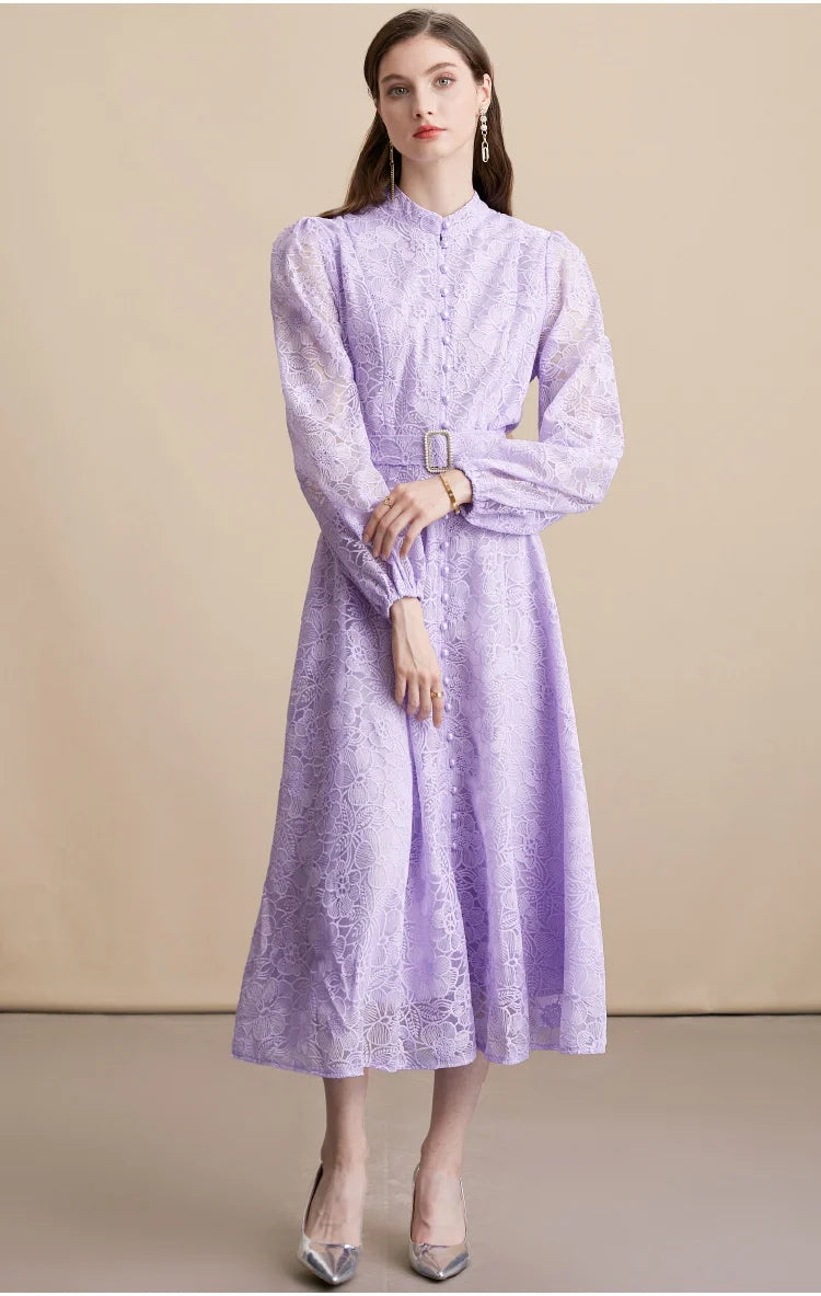 Elegant Lace embroidery Midi dress with belt Women's 2026 Spring summer Luxury Single breasted long sleeve dresses INKEO 5D271