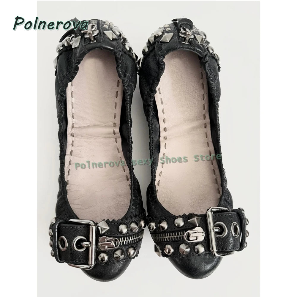 Rivet Belt Buckle Mary Jane Shoes Pointed Toe Flat with Shallow Zipper Decoration Women Fashion Pumps 2026 Spring Summer Shoes