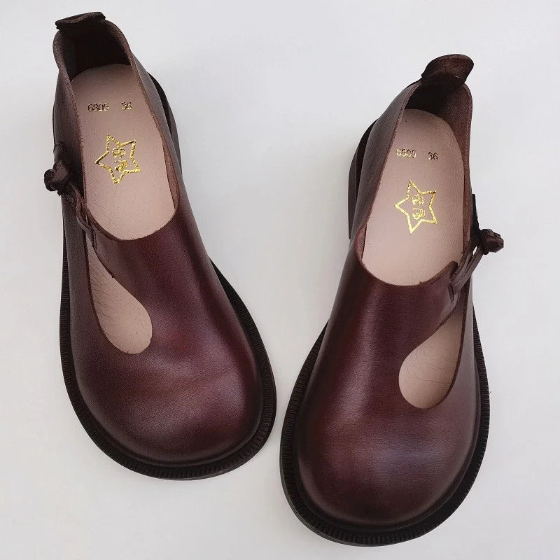 Careaymade-Genuine Leather Big Shoes Retro National Round Head Women's Shoes Original Leather Breathable Handmade Single Shoes