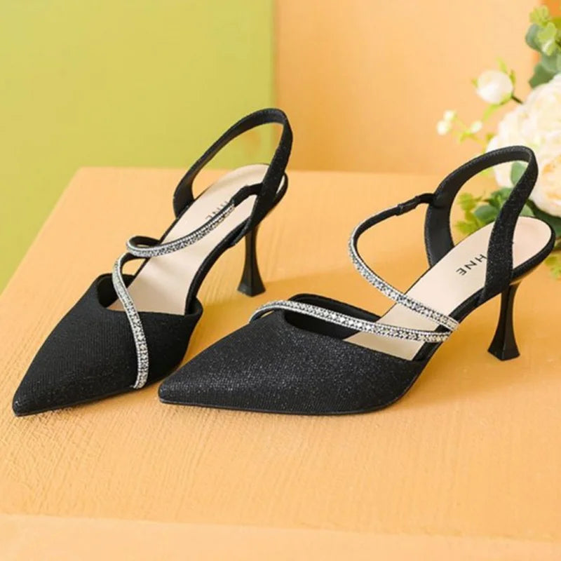 New women's pointed-toe cat-heel sandals Sexy rhinestone cross-strap high heels with open back Wedding party dress shoes