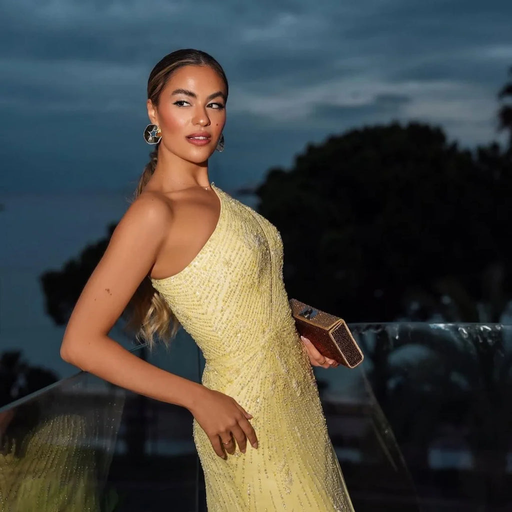 Bella Customized Bright Yellow One-shoulder Full Embellished Tulle High-slit Cape Train Floor-length Party Dresses Elegant