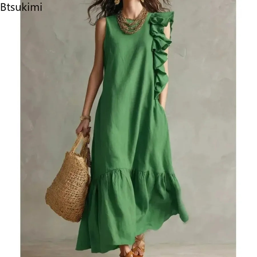 Women's Summer Irregular Ruffled Sleeveless Dress Casual Round Neck Solid Color Loose Long Dress Vestidos De Fiesta Elegantes