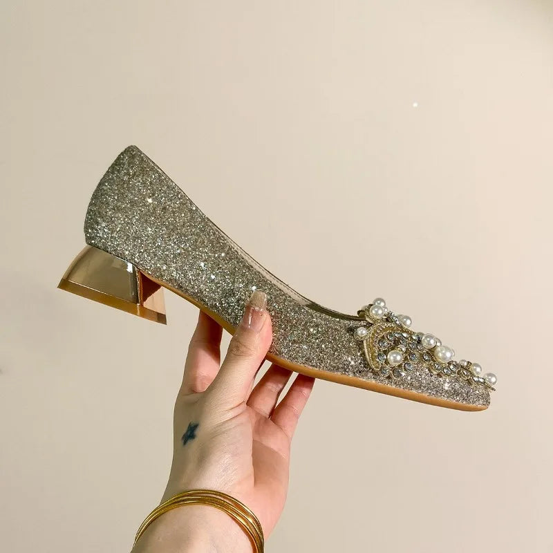 High-end Rhinestone Block Heel Single Shoes Fashion Pointed Toe Shallow Mouth Slip-on Non-Slip Low Top Shoes