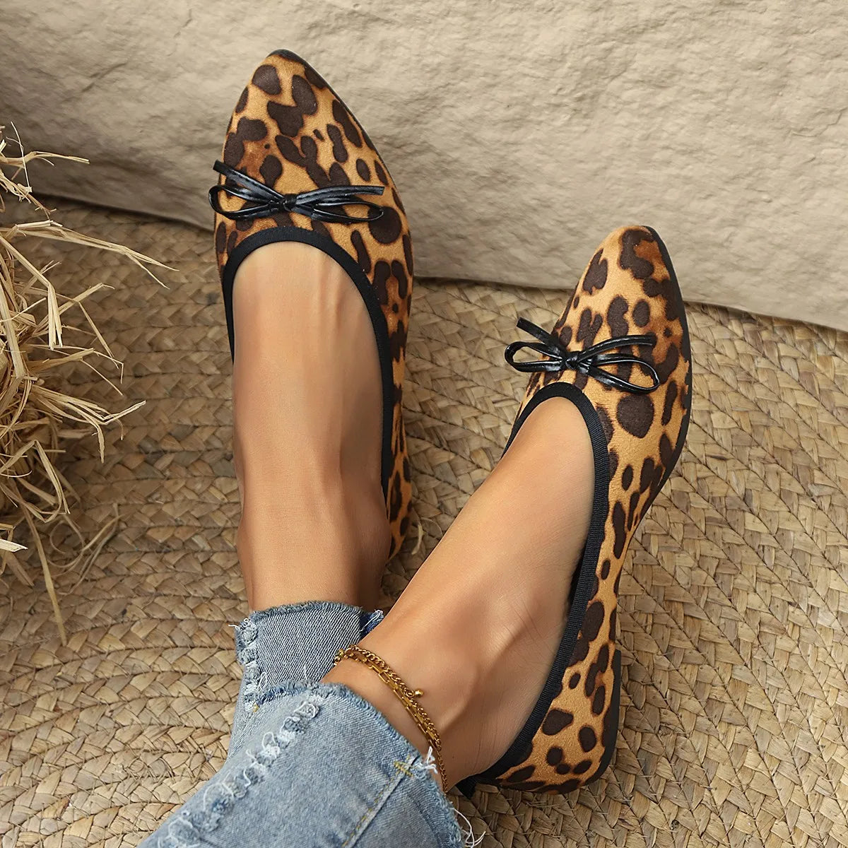2026 Leopard Flats Women Round Toe Bowtie Work Shoes Spring Ballerines Ladies Soft Soled Loafers Roll-Up Mocasines Femme Ballets